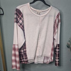Plaid Patchwork Long Sleeve Top in Cream and Red